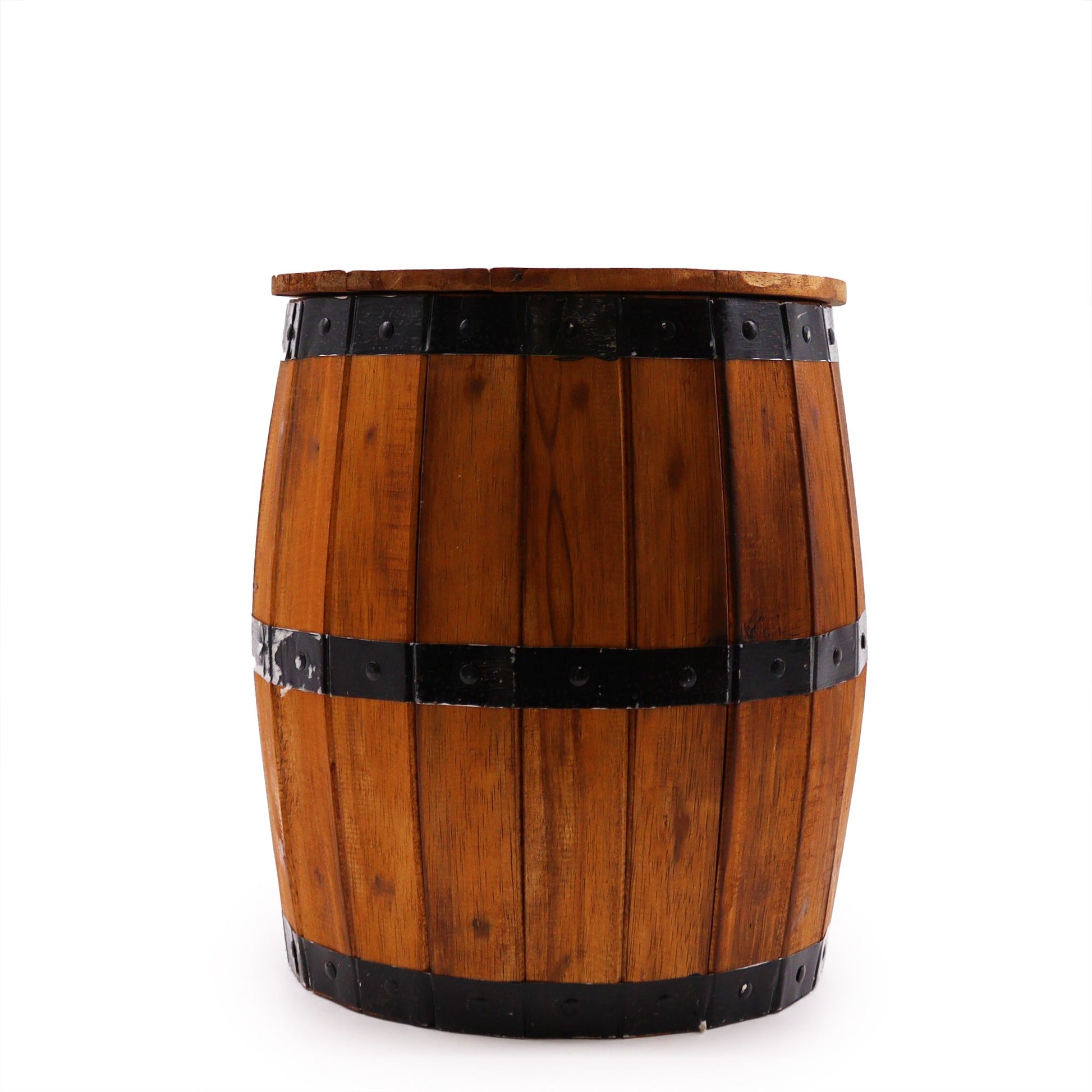 Rustic wooden stool in a natural finish designed to look like a vintage beer barrel with metal hoop detailing.