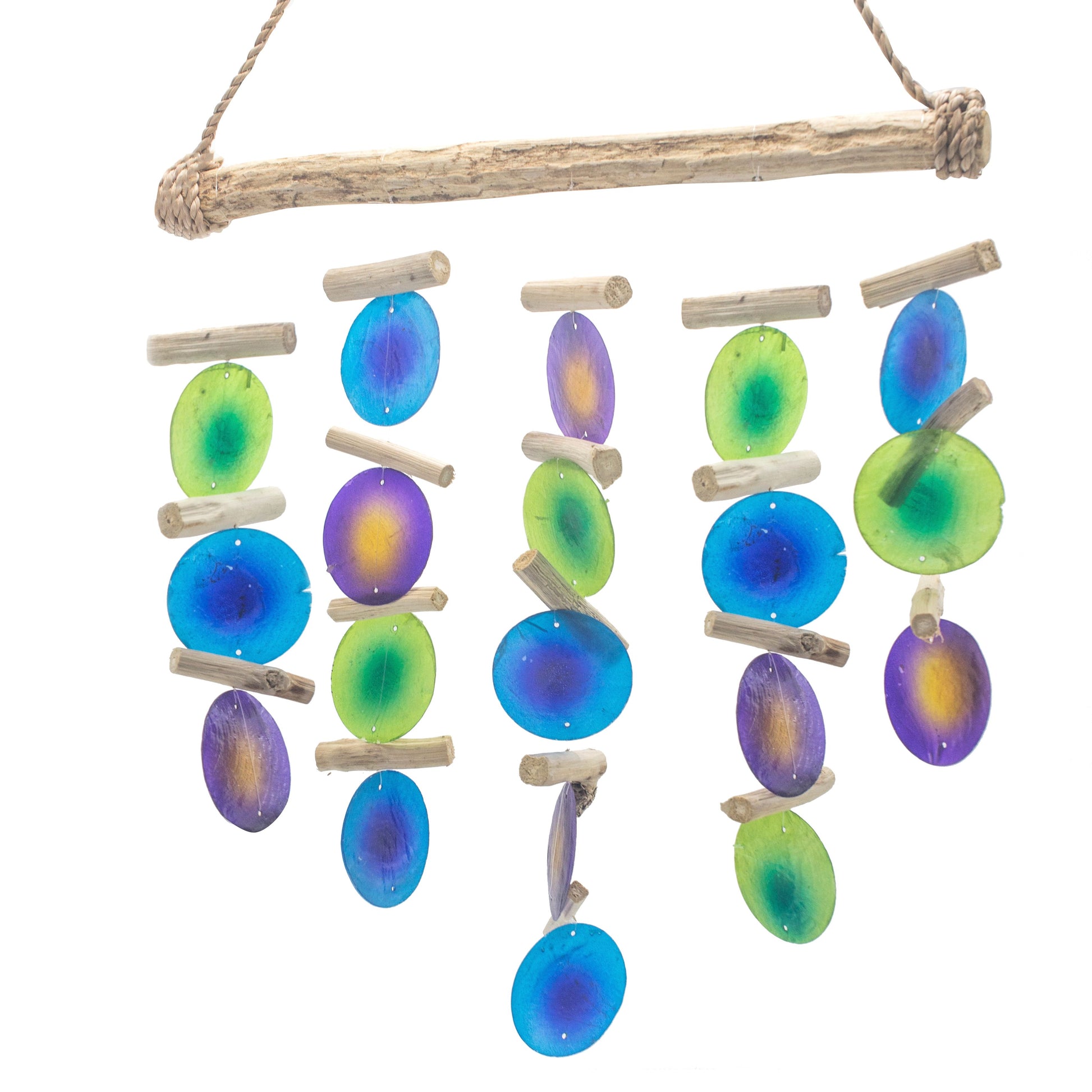 Handcrafted wind chime featuring natural driftwood and vibrant green and purple Capiz shells.