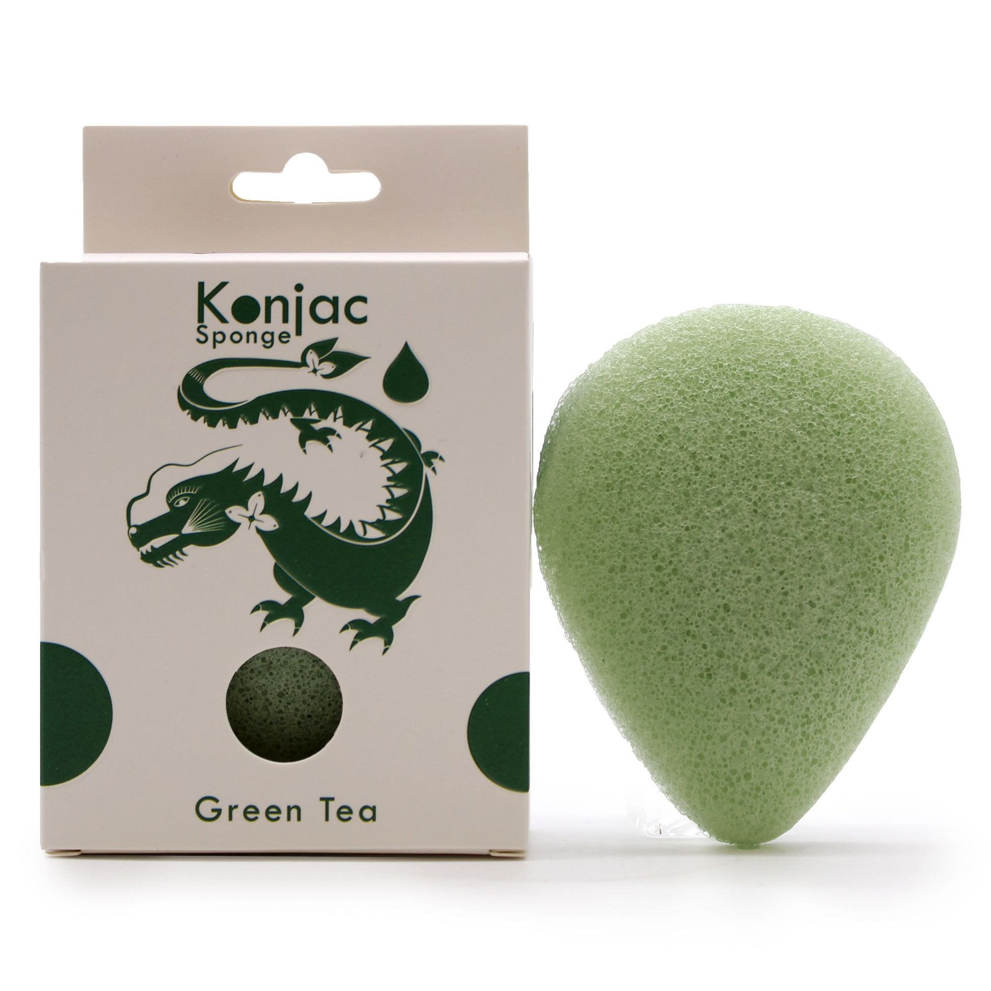 A teardrop-shaped green tea konjac sponge on a plain background showing its porous texture for gentle skin exfoliation.