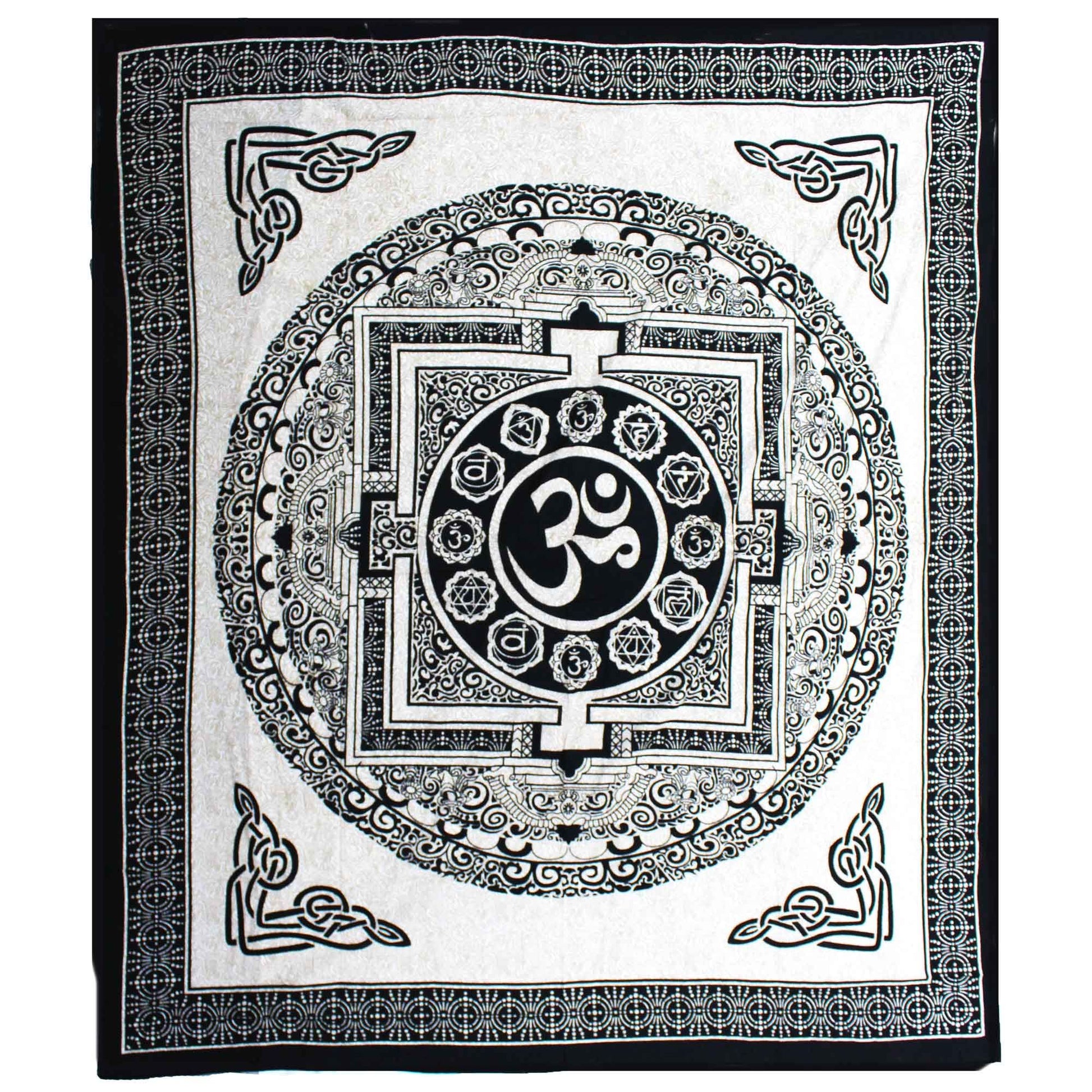 Large monochrome OM Mandala design on a white double cotton bedspread and wall hanging.