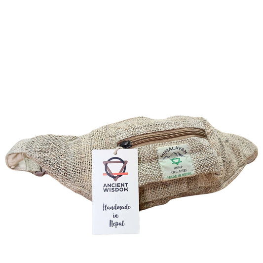 Eco-friendly natural hemp bum bag with adjustable strap and multiple zip compartments.