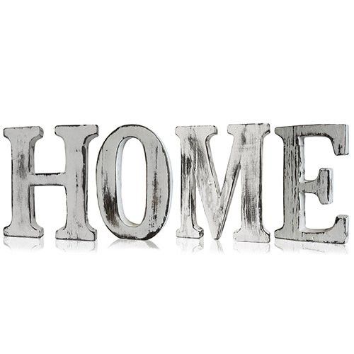 Four hand-carved mango wood letters spelling HOME with a rustic white-wash finish and natural grain details.