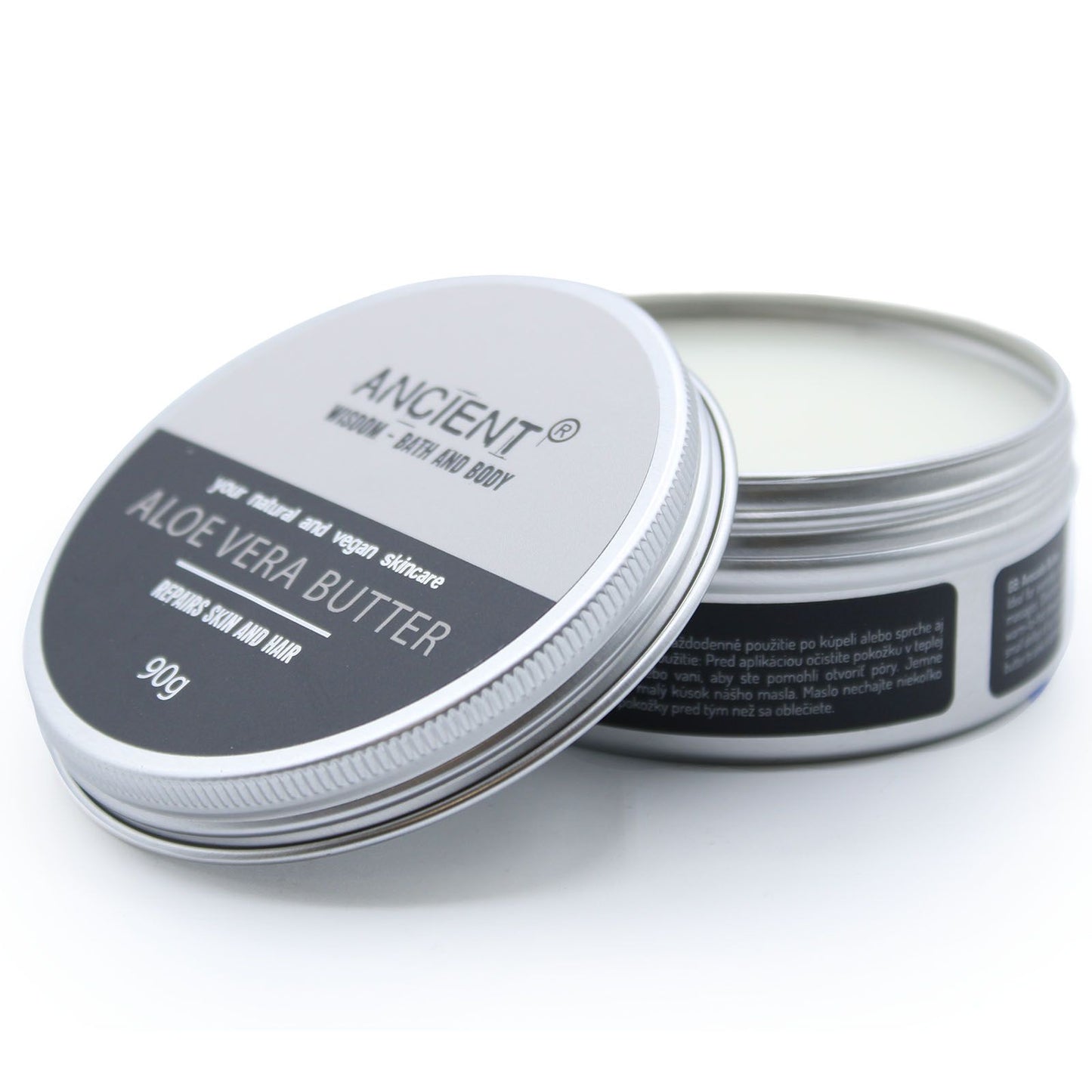 A 90g jar of smooth, creamy white aloe vera body butter on a clean, neutral background.