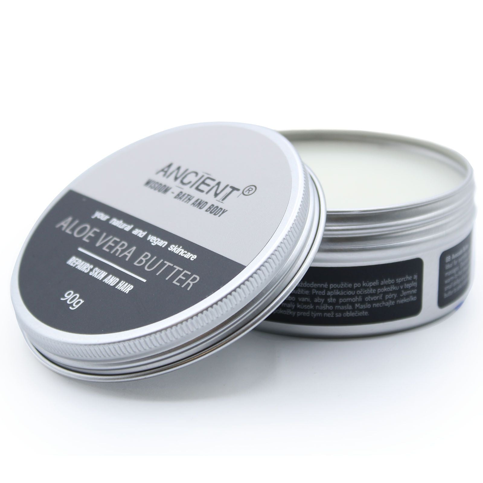 A 90g jar of smooth, creamy white aloe vera body butter on a clean, neutral background.