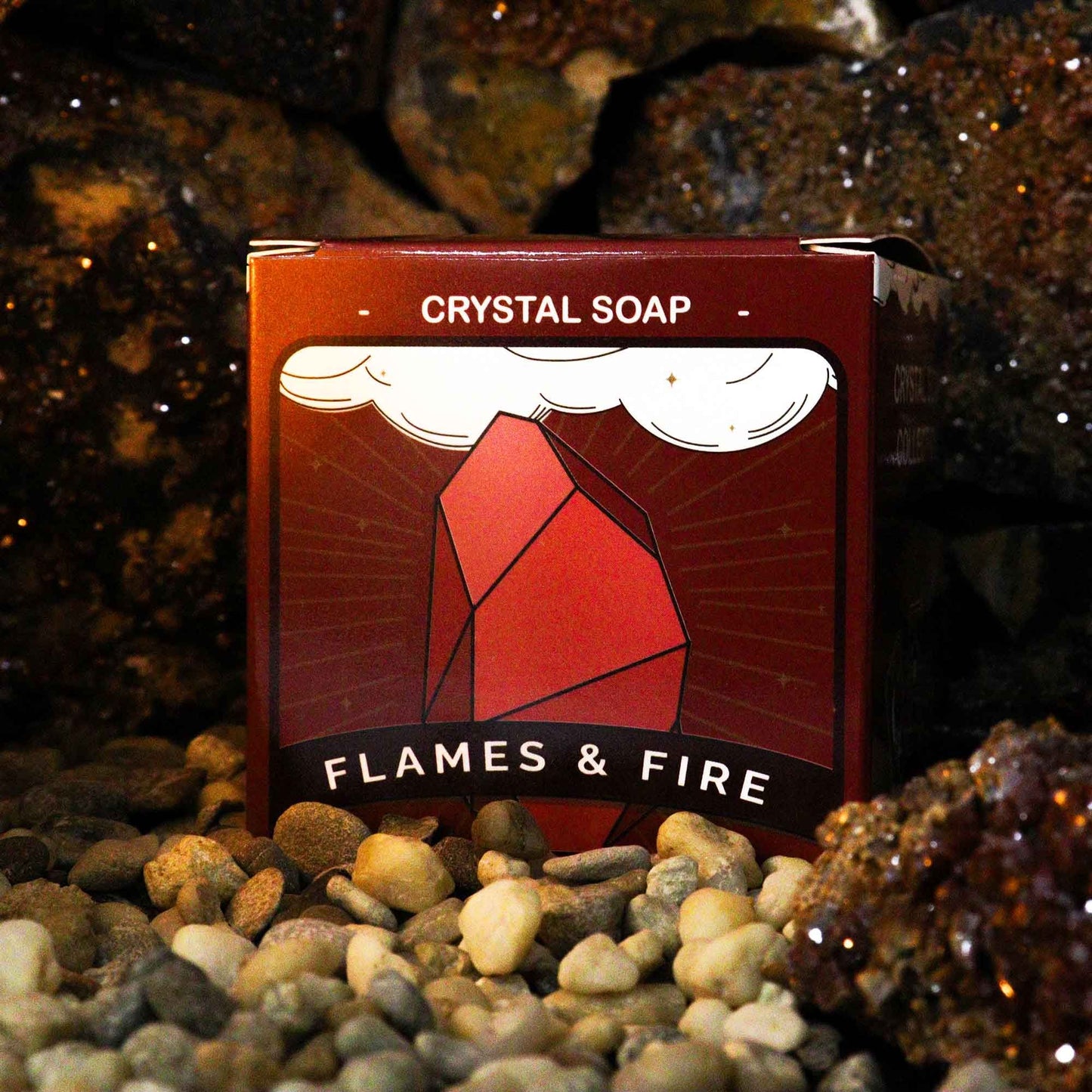 Luxurious handcrafted red stone-shaped soap with a textured crystalline surface.
