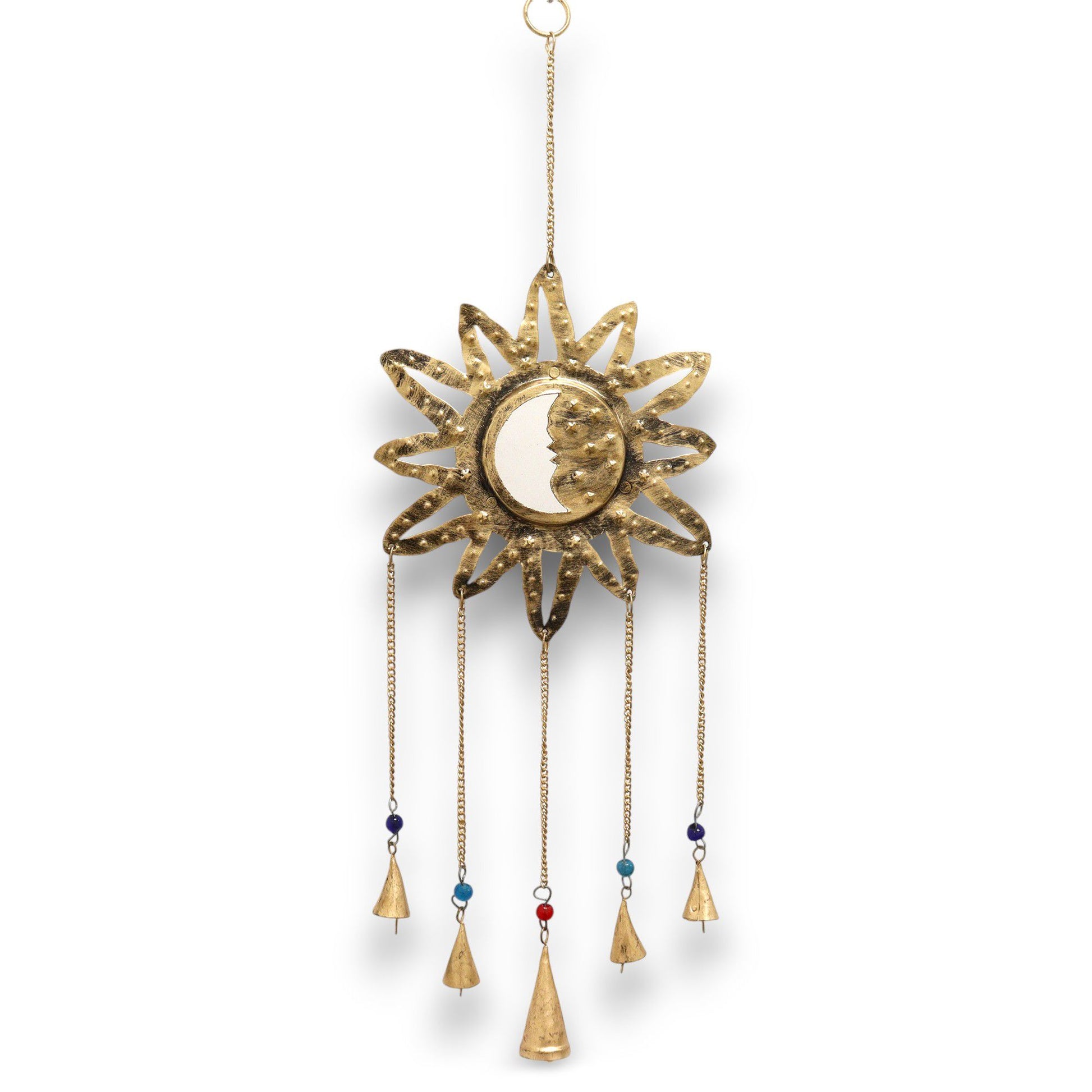 Brass Indian chimes featuring a sun and moon design with a central mirror, colourful beads, and five hanging bells.