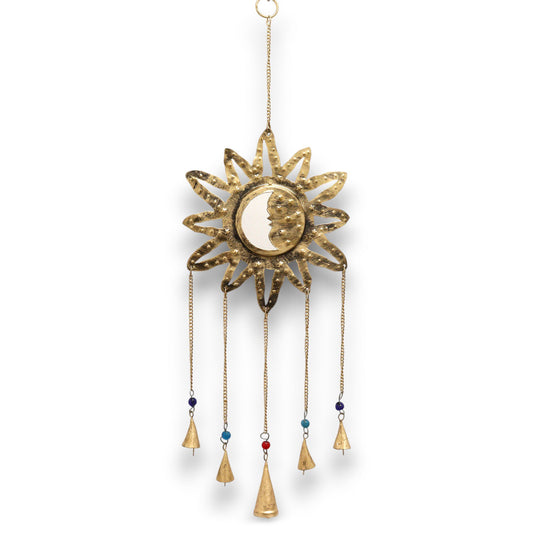 Brass Indian chimes featuring a sun and moon design with a central mirror, colourful beads, and five hanging bells.