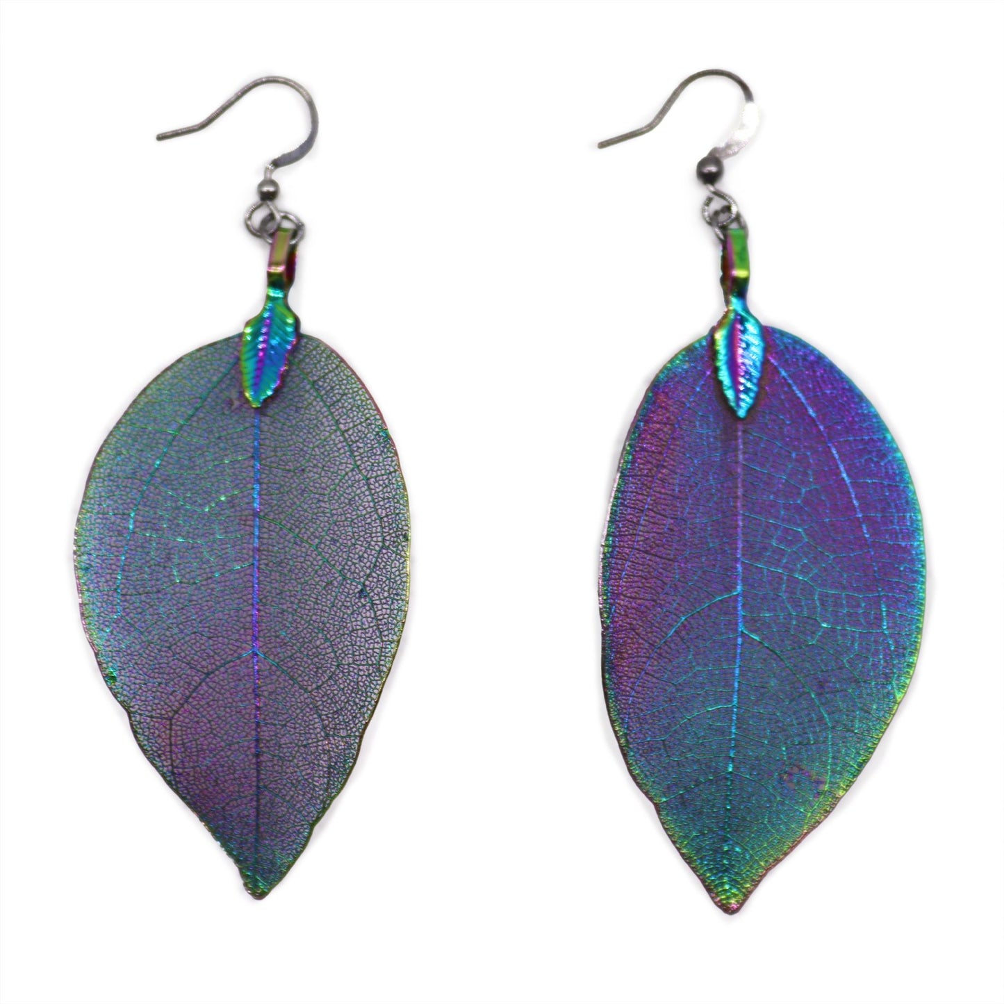 Intricate multicoloured skeleton leaf earrings crafted from real organic leaves with a metallic finish.