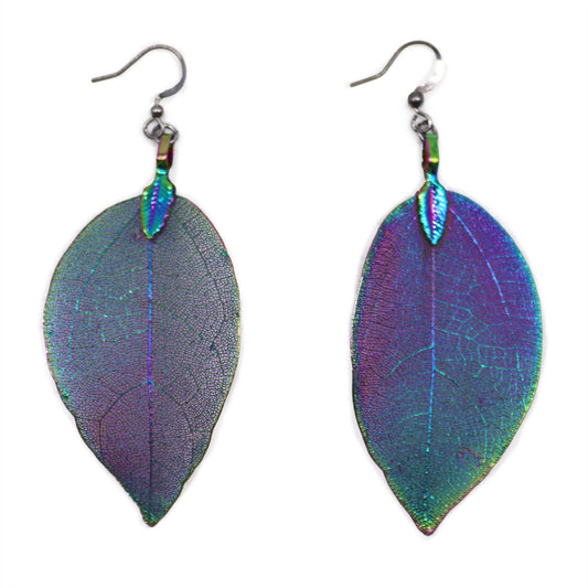 Intricate multicoloured skeleton leaf earrings crafted from real organic leaves with a metallic finish.