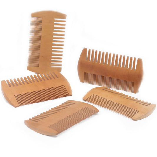 Handcrafted dual-sided wooden beard comb with fine and coarse teeth for versatile facial hair grooming.