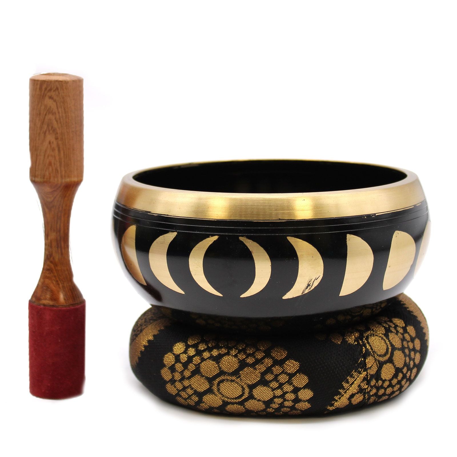 Large black Tibetan singing bowl featuring etched moon phase symbols on a wooden stand with a mallet.