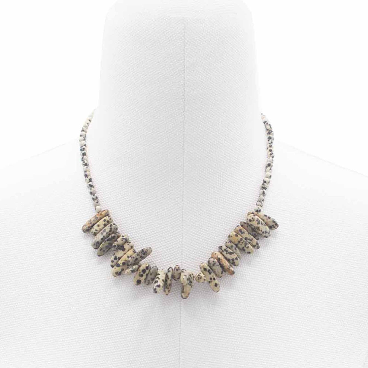 Longstone gemstone necklace featuring creamy white Dalmatian Stone beads with distinctive natural black spots.