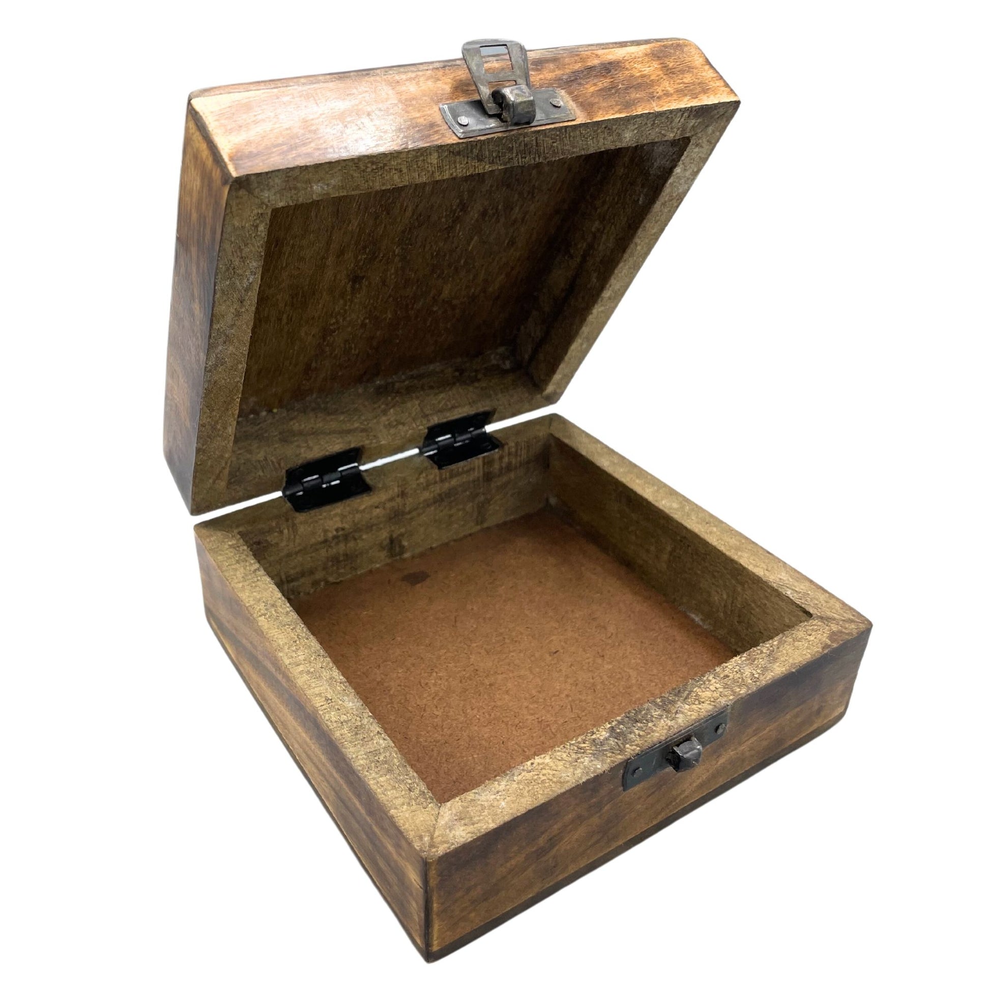 Square hand-carved wooden keepsake box featuring a detailed Buddha design on the lid.