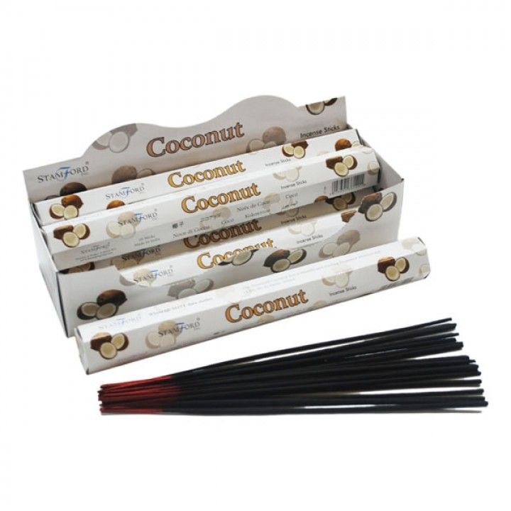 Hexagonal pack of coconut scented incense sticks showing a tropical coconut design.