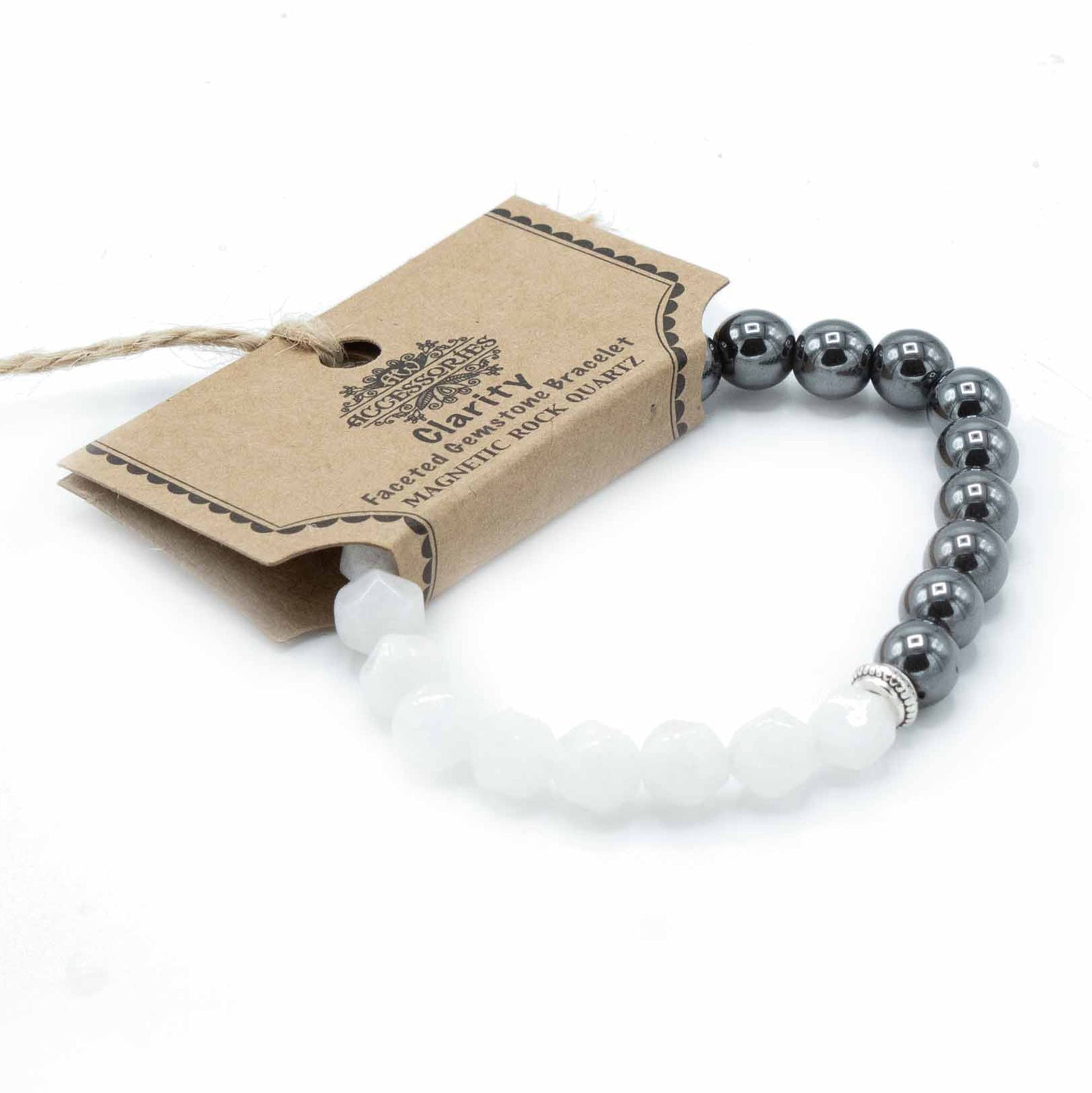 Sparkling faceted clear rock quartz gemstone beads on a stretch bracelet with small magnetic accents.