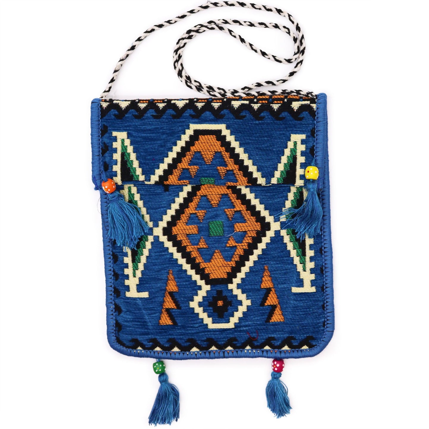 Sky blue messenger bag featuring traditional Turkish Kilim woven patterns and a long shoulder strap.