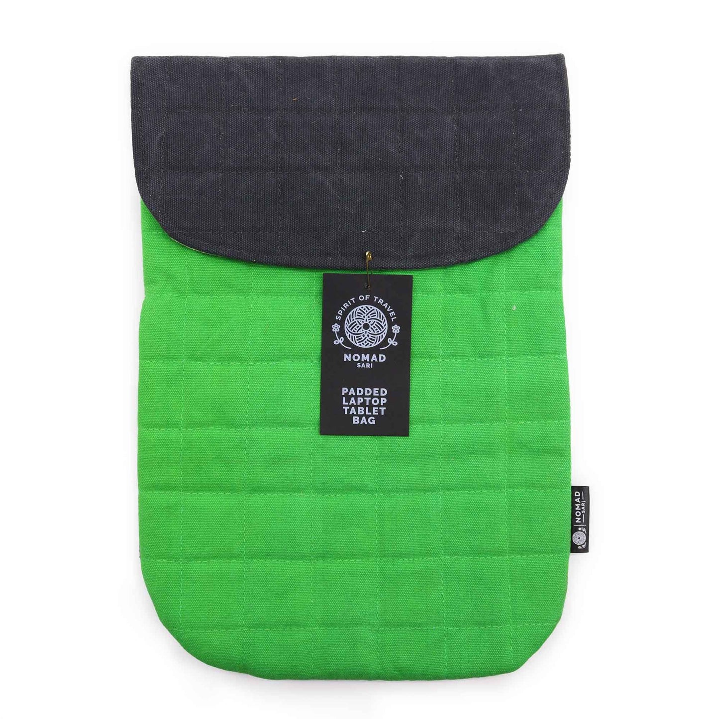 Frog green stonewashed cotton padded laptop pouch with a charcoal magnetic flap closure.