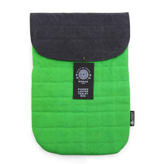 Frog green stonewashed cotton padded laptop pouch with a charcoal magnetic flap closure.