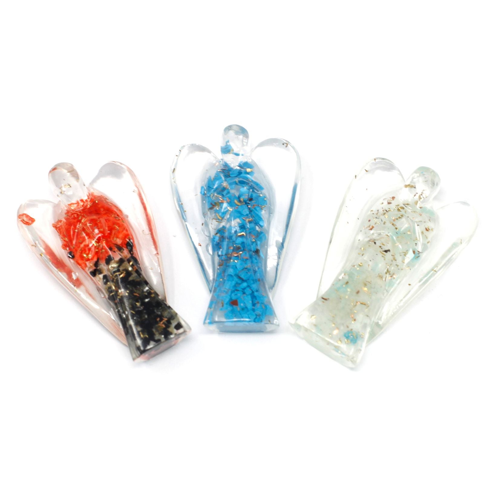 Handcrafted 50mm orgonite angel figurine containing colourful gemstone chips and copper shavings in clear resin.