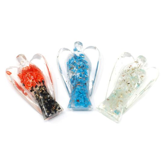 Handcrafted 50mm orgonite angel figurine containing colourful gemstone chips and copper shavings in clear resin.