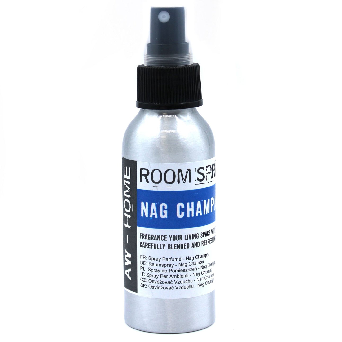 Clear glass bottle of Nag Champa room spray with a black spray nozzle against a clean background.