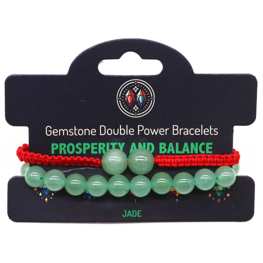 Two rows of polished green jade gemstone beads on an adjustable cord bracelet.