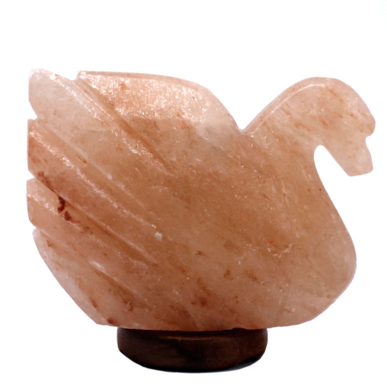 Hand-carved pink Himalayan salt lamp in the elegant shape of a swan, emitting a warm orange glow.