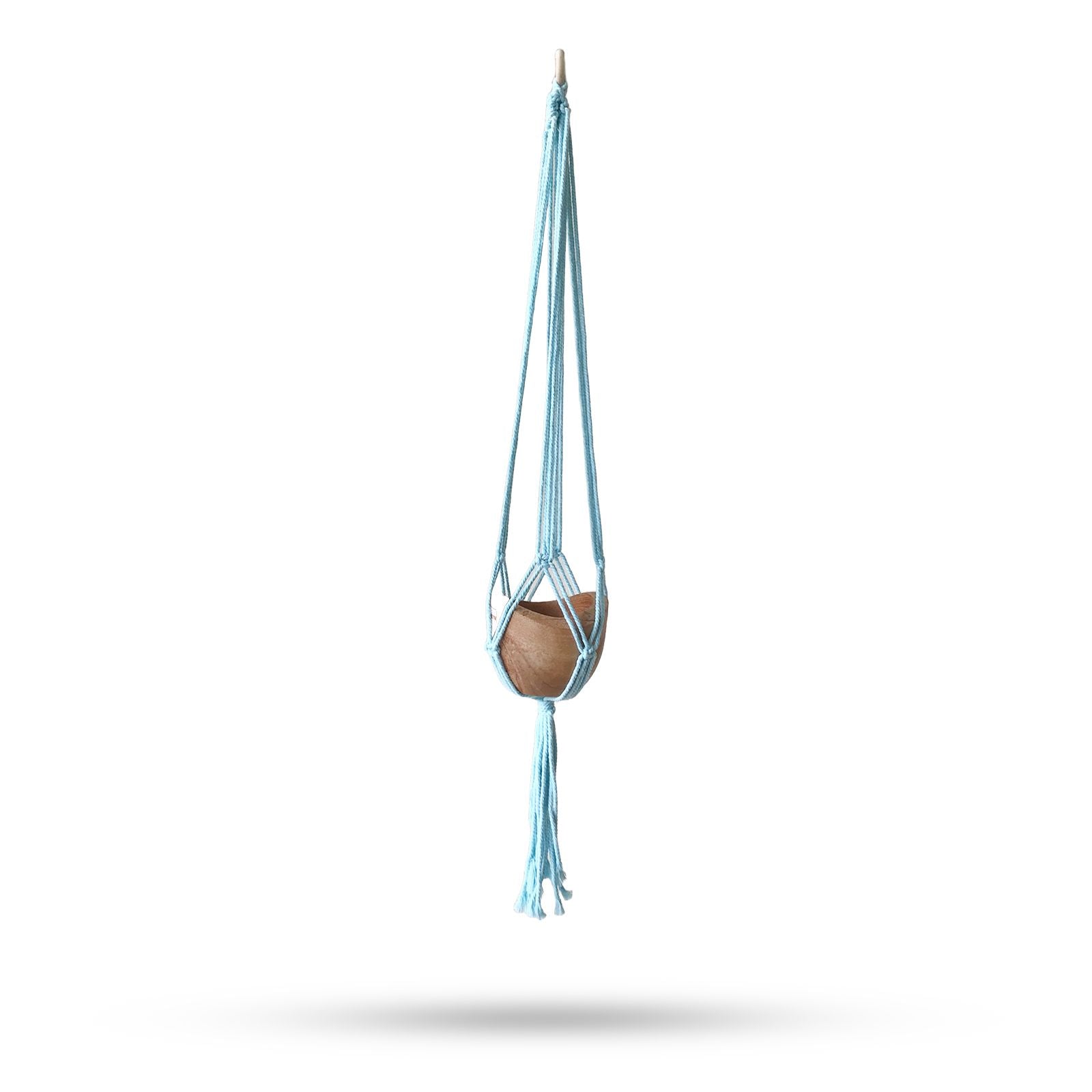 Handcrafted powder blue macrame plant hanger with intricate knotting designed to hold a medium-sized plant pot.