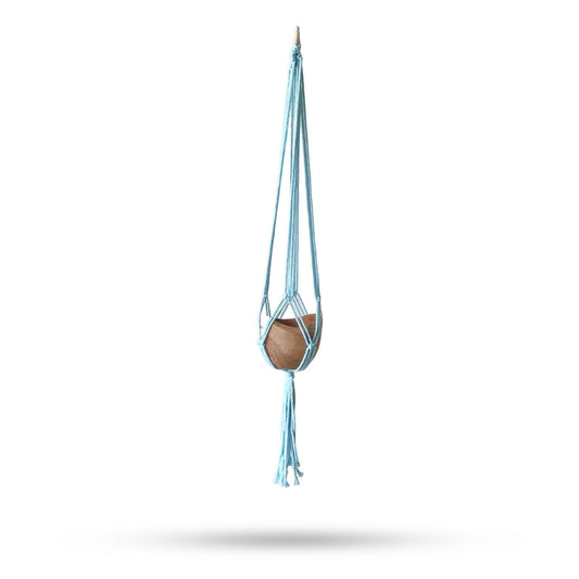 Handcrafted powder blue macrame plant hanger with intricate knotting designed to hold a medium-sized plant pot.