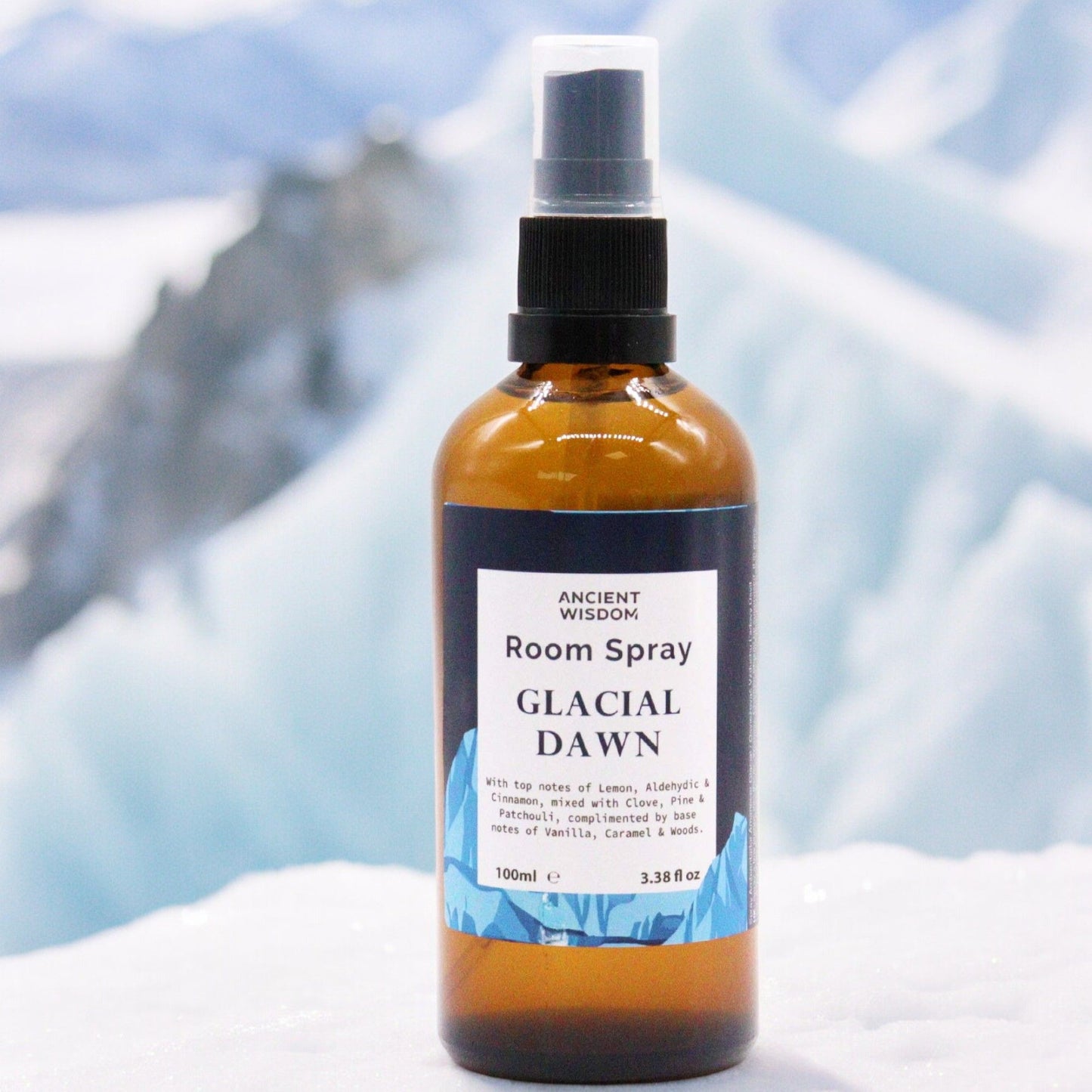 Clear 100ml spray bottle with a minimalist label for Glacial Dawn natural room fragrance.