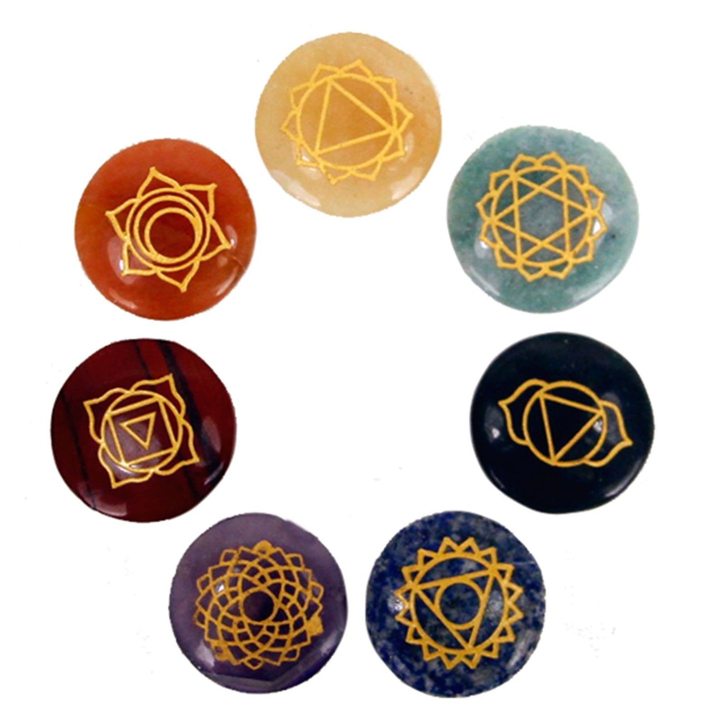 Seven small rounded colourful gemstone crystals representing the primary chakra energy centres.