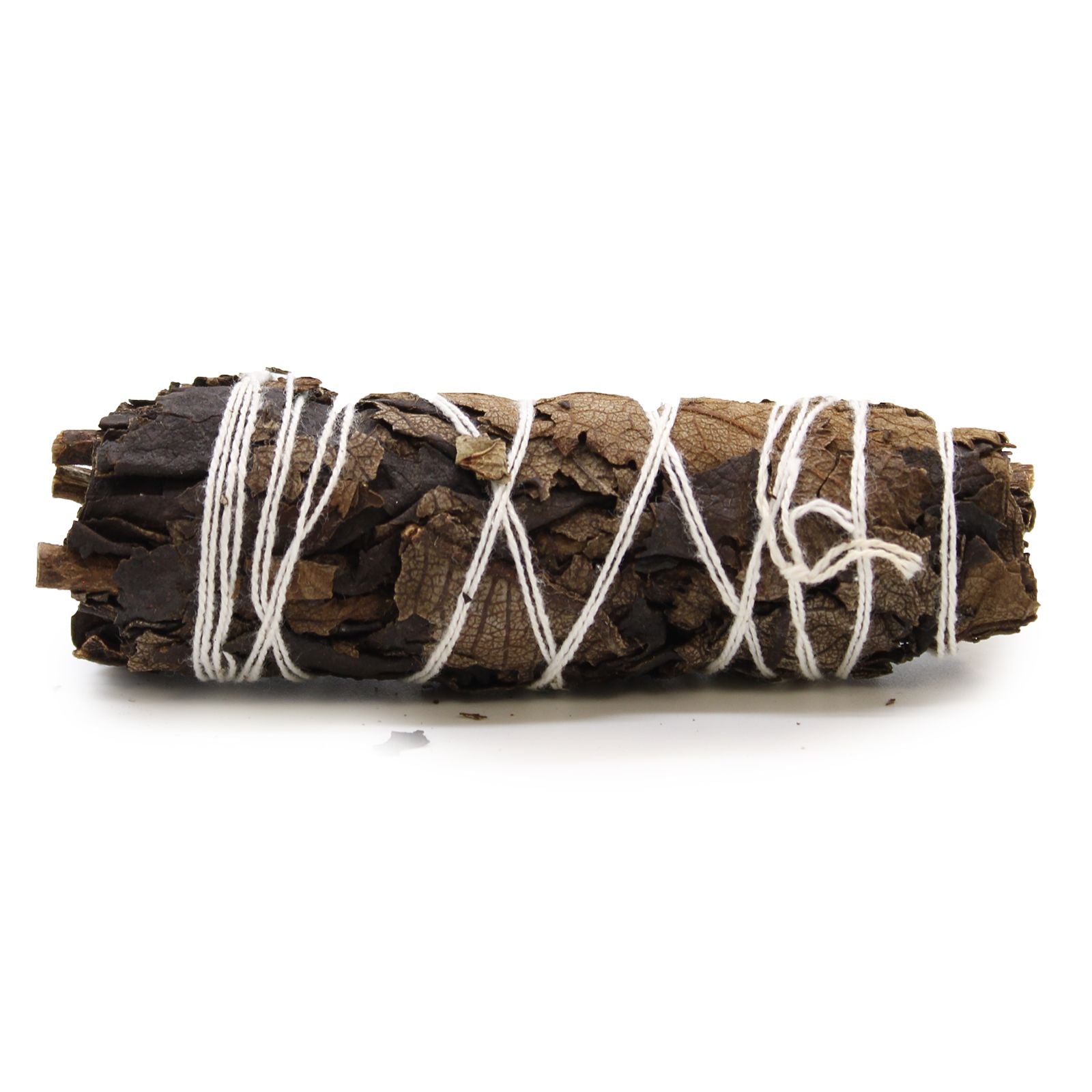 Hand-tied black sage smudge stick bundle, approximately 10cm long, showing dried dark green leaves.