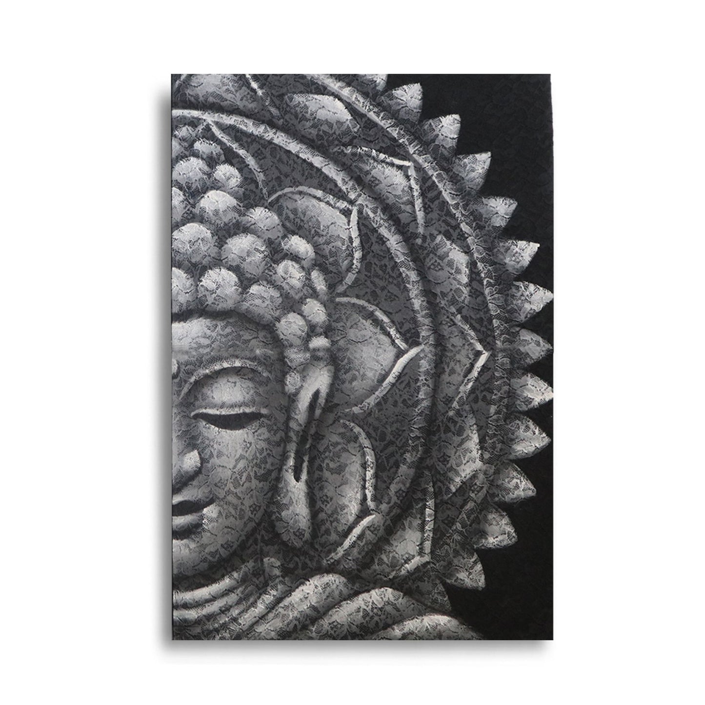 Large grey and white canvas painting featuring a detailed half Buddha face merged with an intricate mandala pattern.