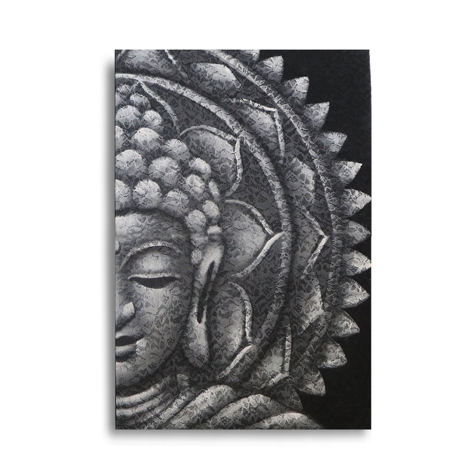 Large grey and white canvas painting featuring a detailed half Buddha face merged with an intricate mandala pattern.