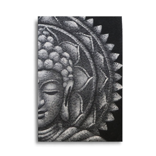 Large grey and white canvas painting featuring a detailed half Buddha face merged with an intricate mandala pattern.