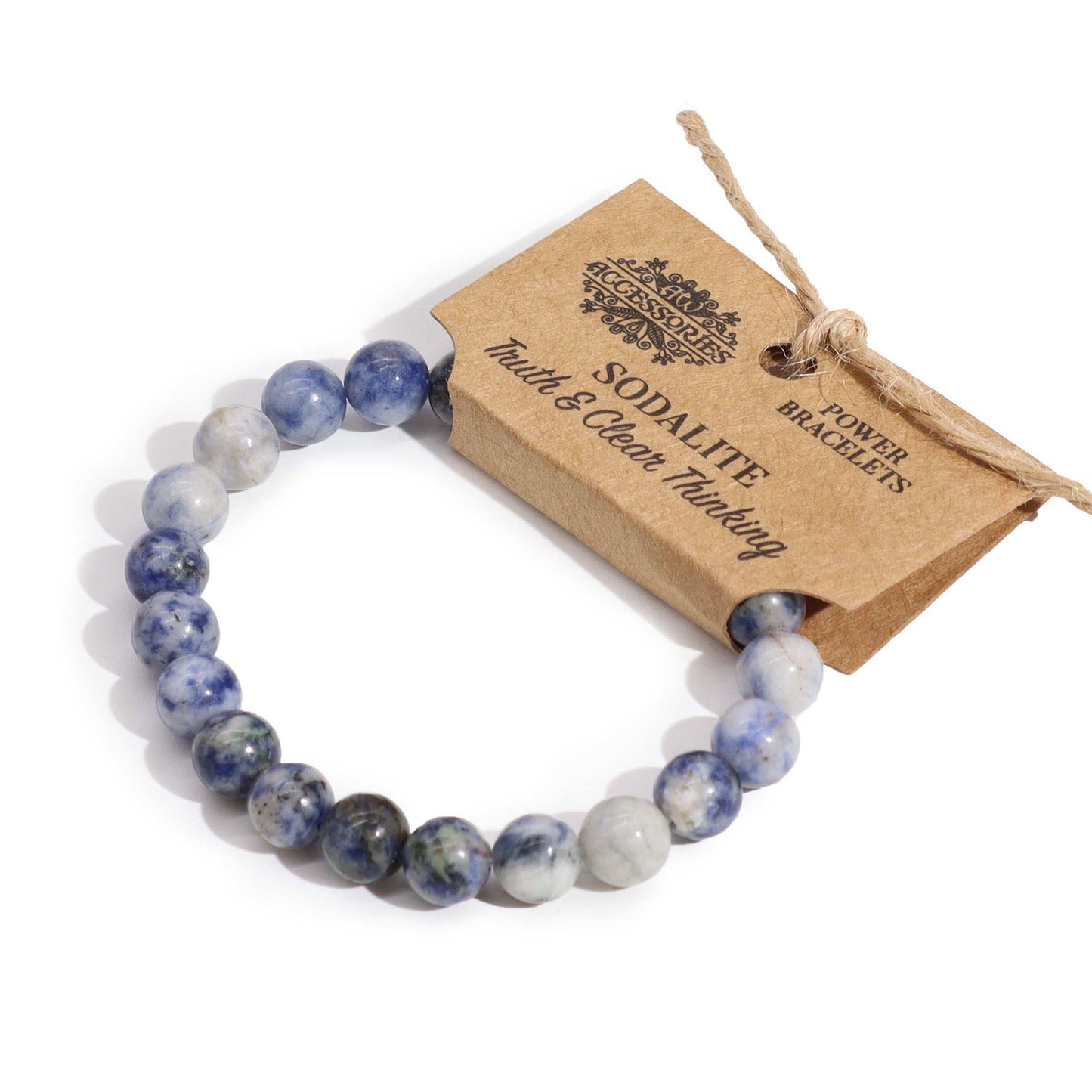 A beaded stretch power bracelet featuring polished blue and white marbled sodalite gemstones.