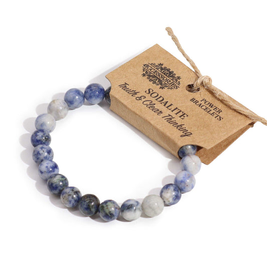 A beaded stretch power bracelet featuring polished blue and white marbled sodalite gemstones.
