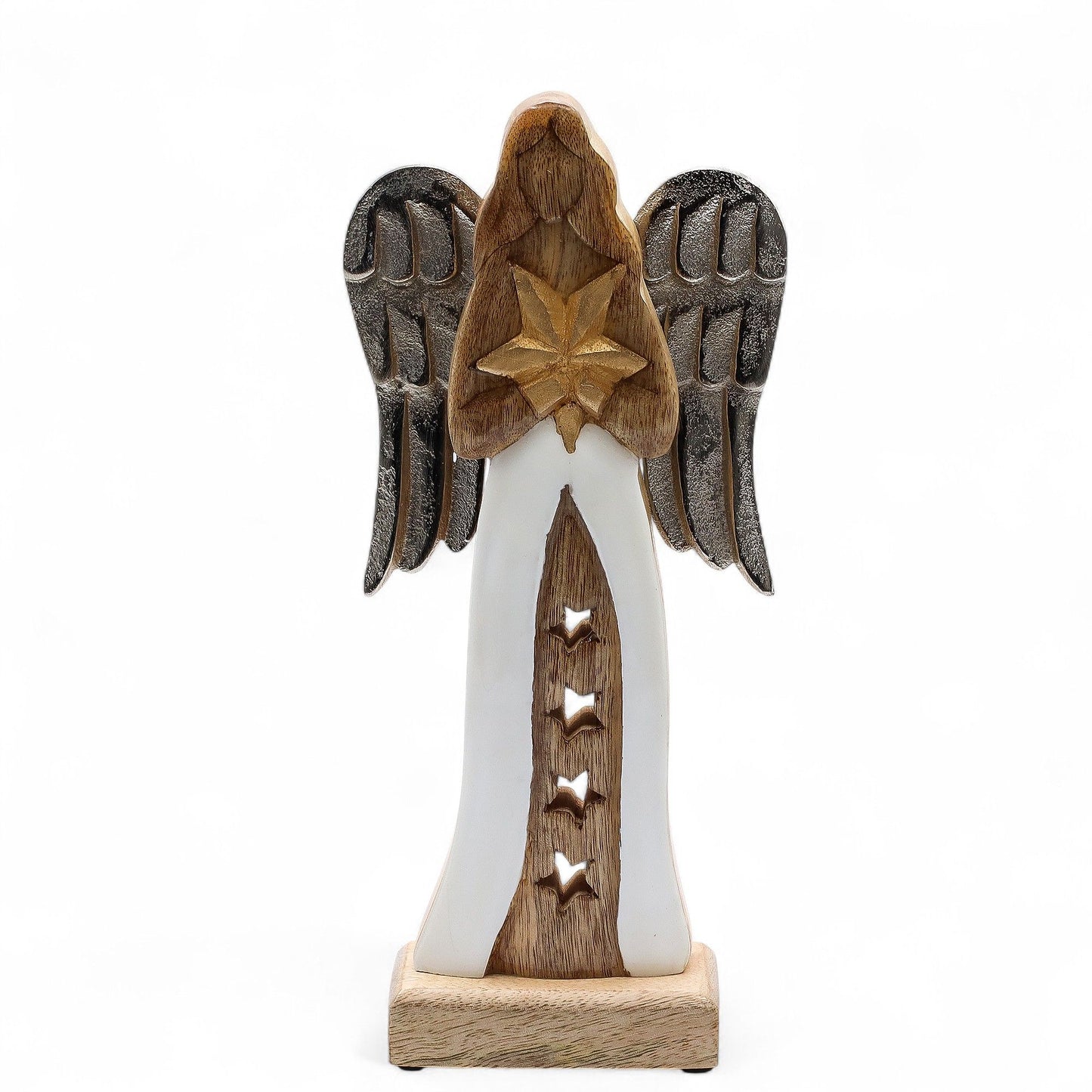 Hand-carved mango wood angel figurine with white enamel robe, golden star, and antique-style metal wings.