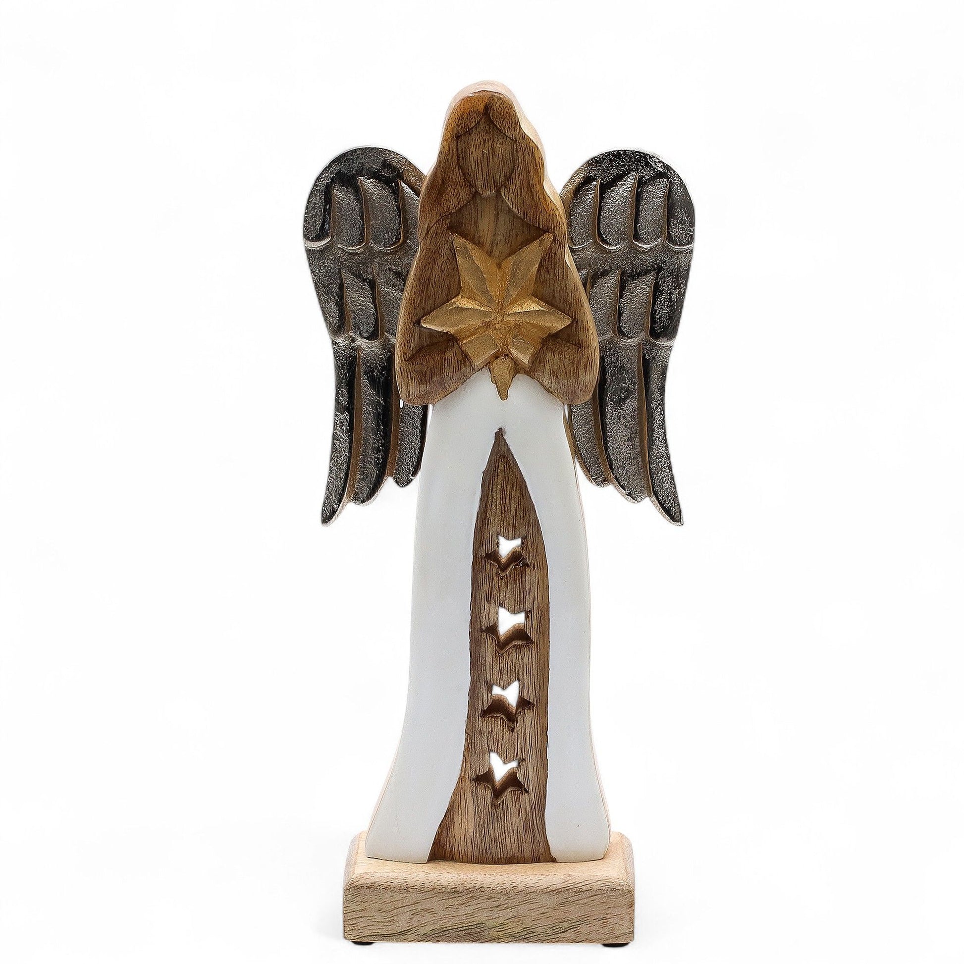 Hand-carved mango wood angel figurine with white enamel robe, golden star, and antique-style metal wings.