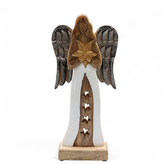 Hand-carved mango wood angel figurine with white enamel robe, golden star, and antique-style metal wings.