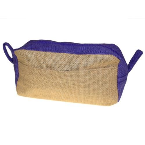 Natural jute toiletry bag with lavender purple accents and a sturdy rectangular design.