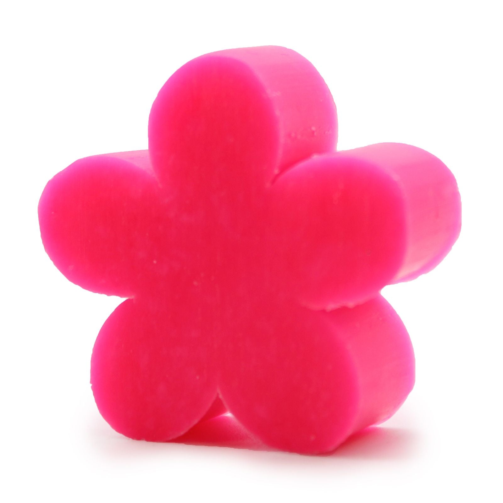 Set of ten colourful flower-shaped guest soaps with a delicate geranium scent, neatly arranged for bathroom decor.