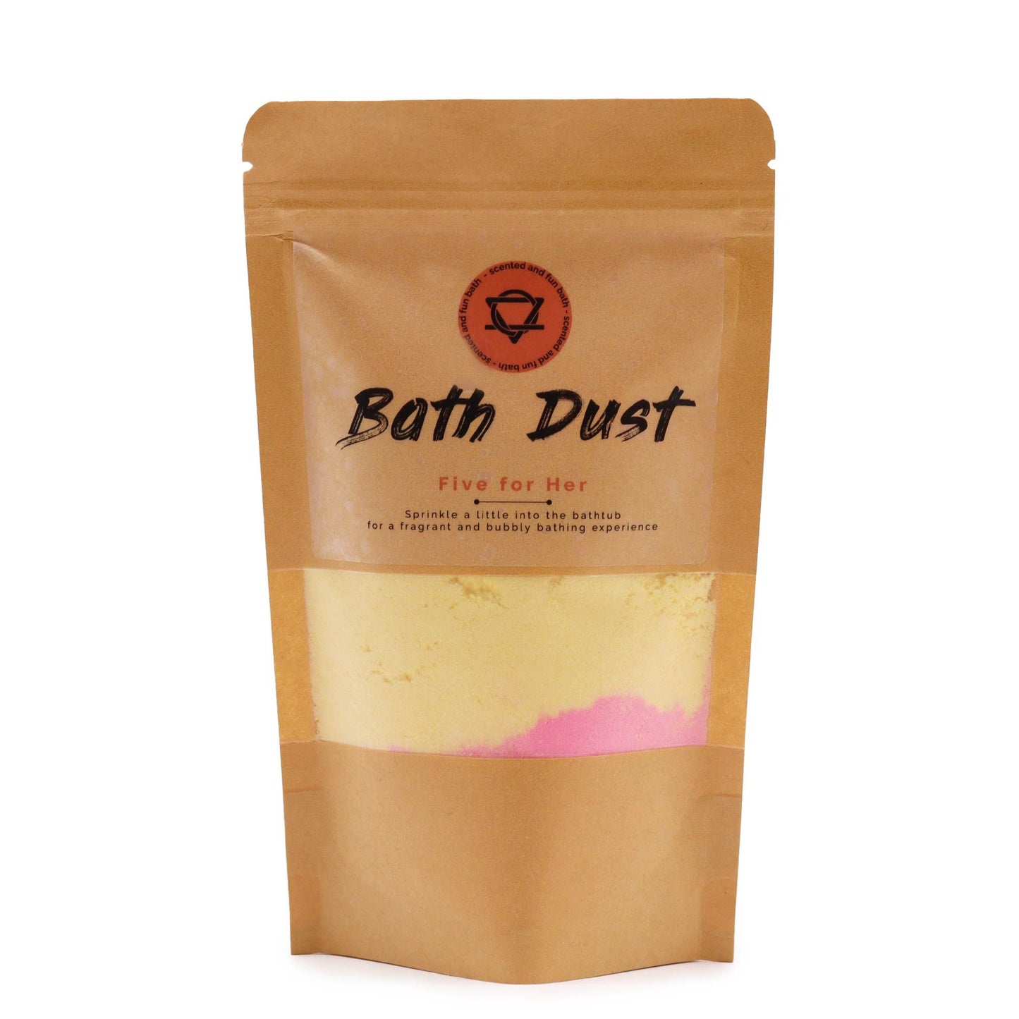 Sparkling aromatic pink bath dust in a clear bag for a luxurious and fragrant bath time experience.