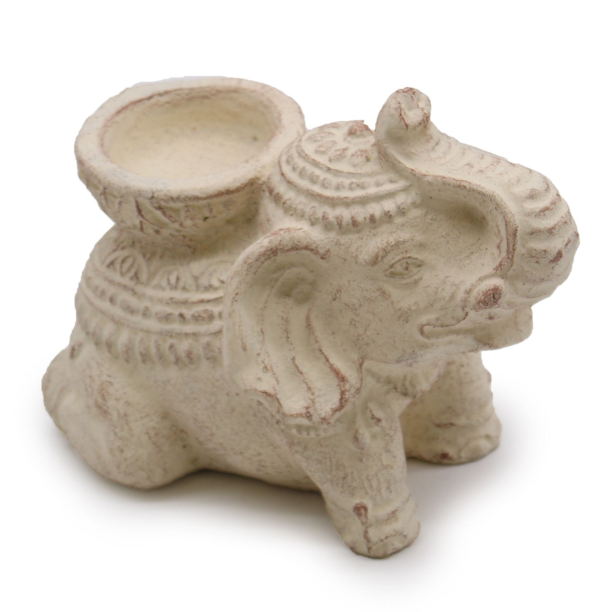 Handcrafted cream stone-effect elephant figurine serving as a dual incense stick and tealight candle holder.