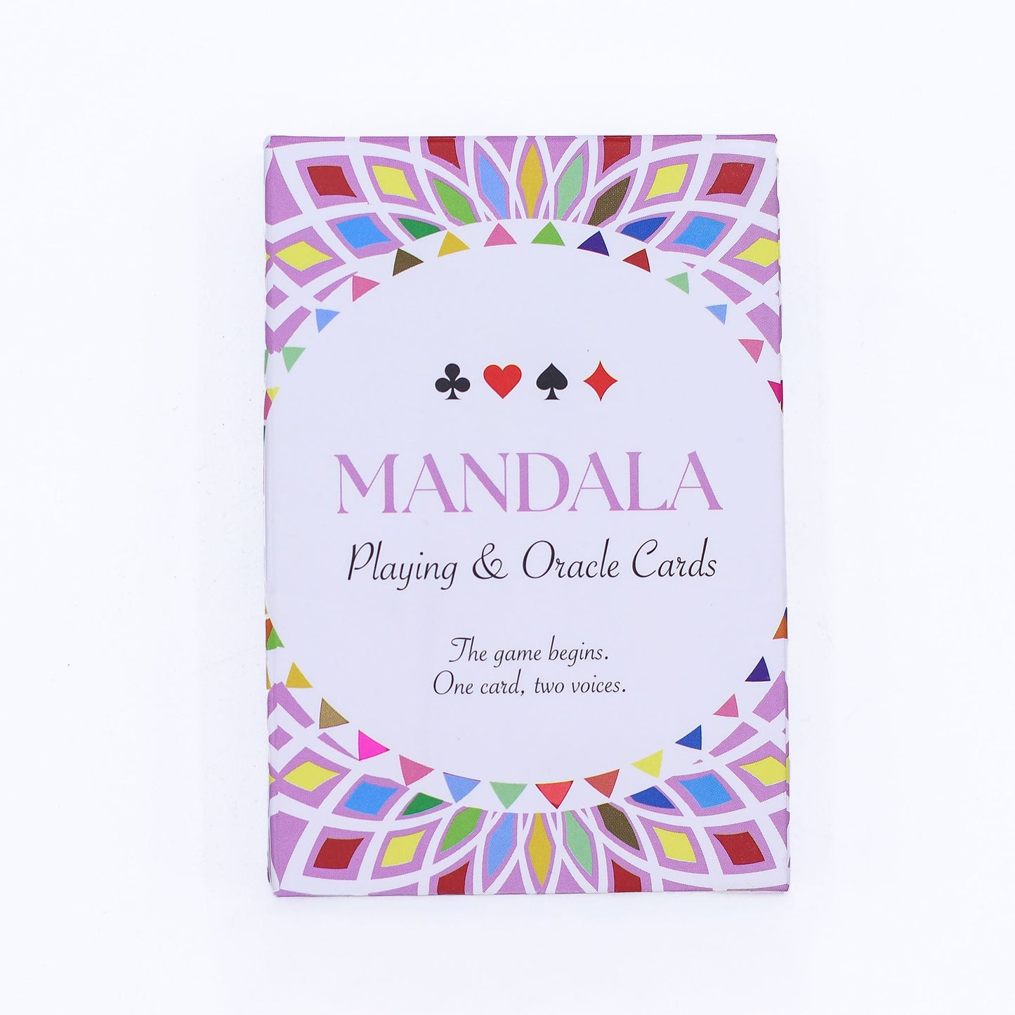 Intricate kaleidoscope mandala design on a spiritual oracle and playing card deck with vibrant symmetrical patterns.