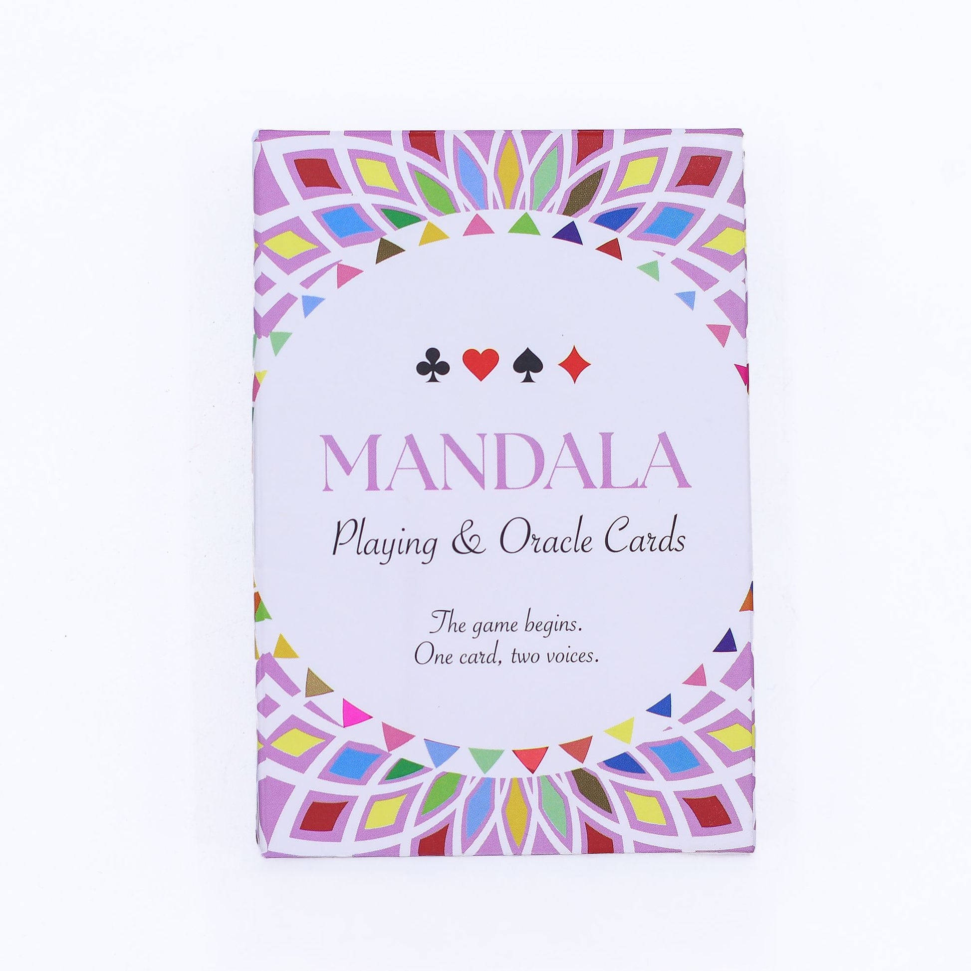 Intricate kaleidoscope mandala design on a spiritual oracle and playing card deck with vibrant symmetrical patterns.