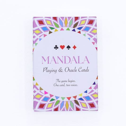 Intricate kaleidoscope mandala design on a spiritual oracle and playing card deck with vibrant symmetrical patterns.