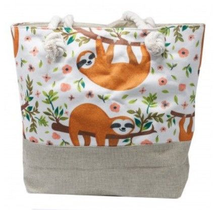 Woven style canvas beach tote bag featuring a cute sloth design and thick white rope handles.