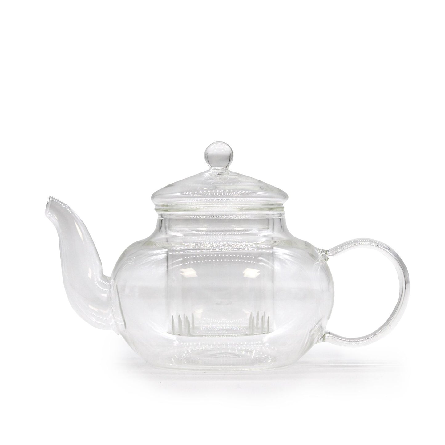 Elegant round glass teapot with a pearl-style lid handle and a removable glass infuser for loose leaf tea.