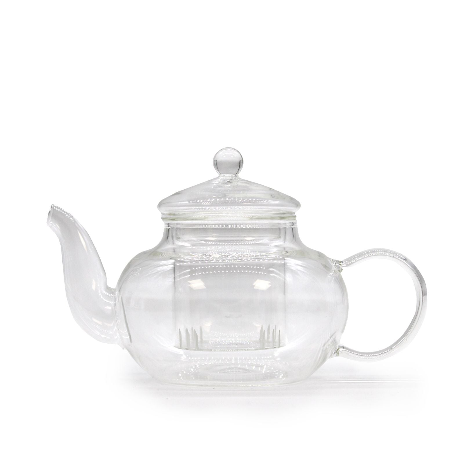 Elegant round glass teapot with a pearl-style lid handle and a removable glass infuser for loose leaf tea.